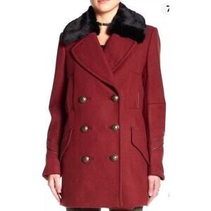 NEW FREE PEOPLE Double Breasted Wool Pea Coat Small Black Faux Fur Collar